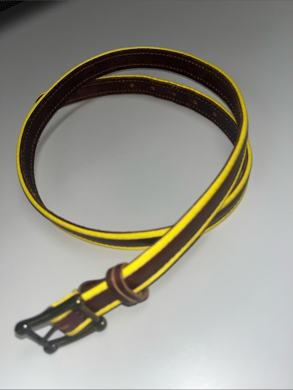 Linea Pelle Brown Leather & Yellow Nylon Belt Size Small